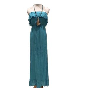 Linen-like teal/aqua blue flowy sleeveless maxi dress. Size small.